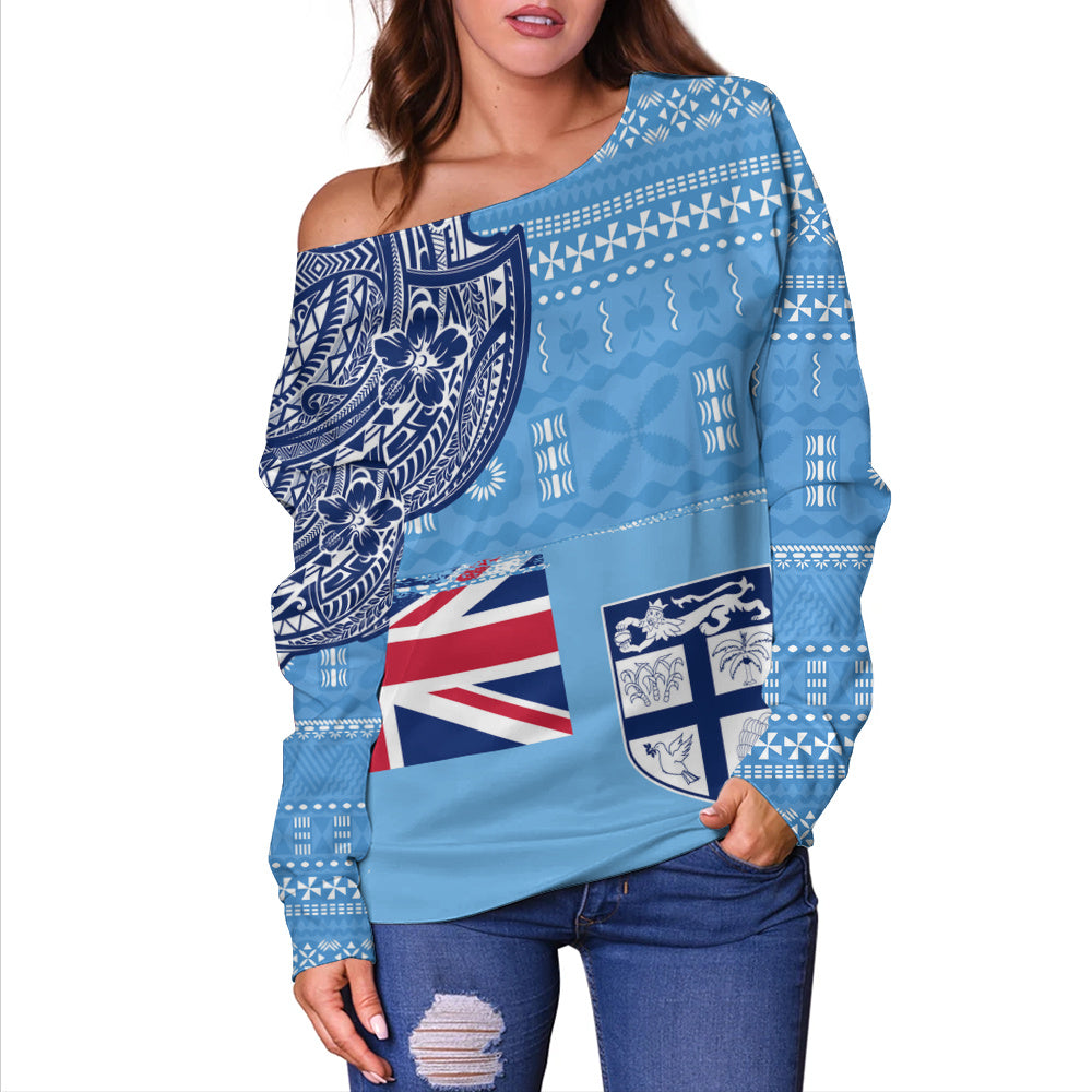 Fiji Off Shoulder Sweatshirt Ocean Blue Tribal Shield Pride