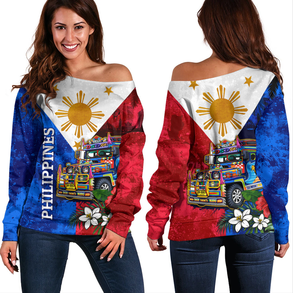 Philippines Filipinos Off Shoulder Sweatshirt Custom Jeepney Flag Tropical Floral