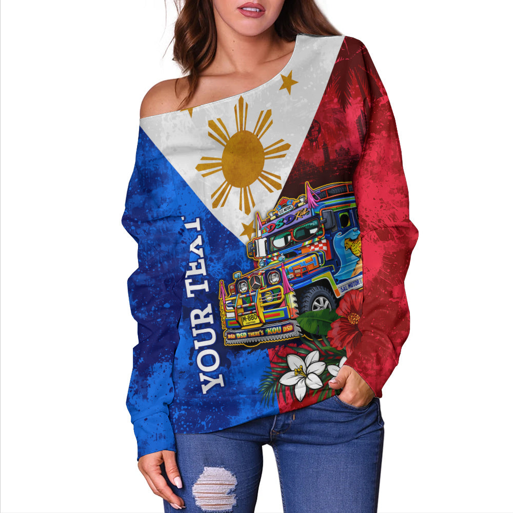 Philippines Filipinos Off Shoulder Sweatshirt Custom Jeepney Flag Tropical Floral