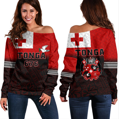 Tonga Off Shoulder Sweatshirt Kingdom Crest 676 Island Pride