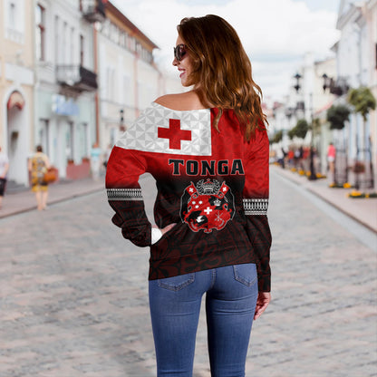Tonga Off Shoulder Sweatshirt Kingdom Crest 676 Island Pride
