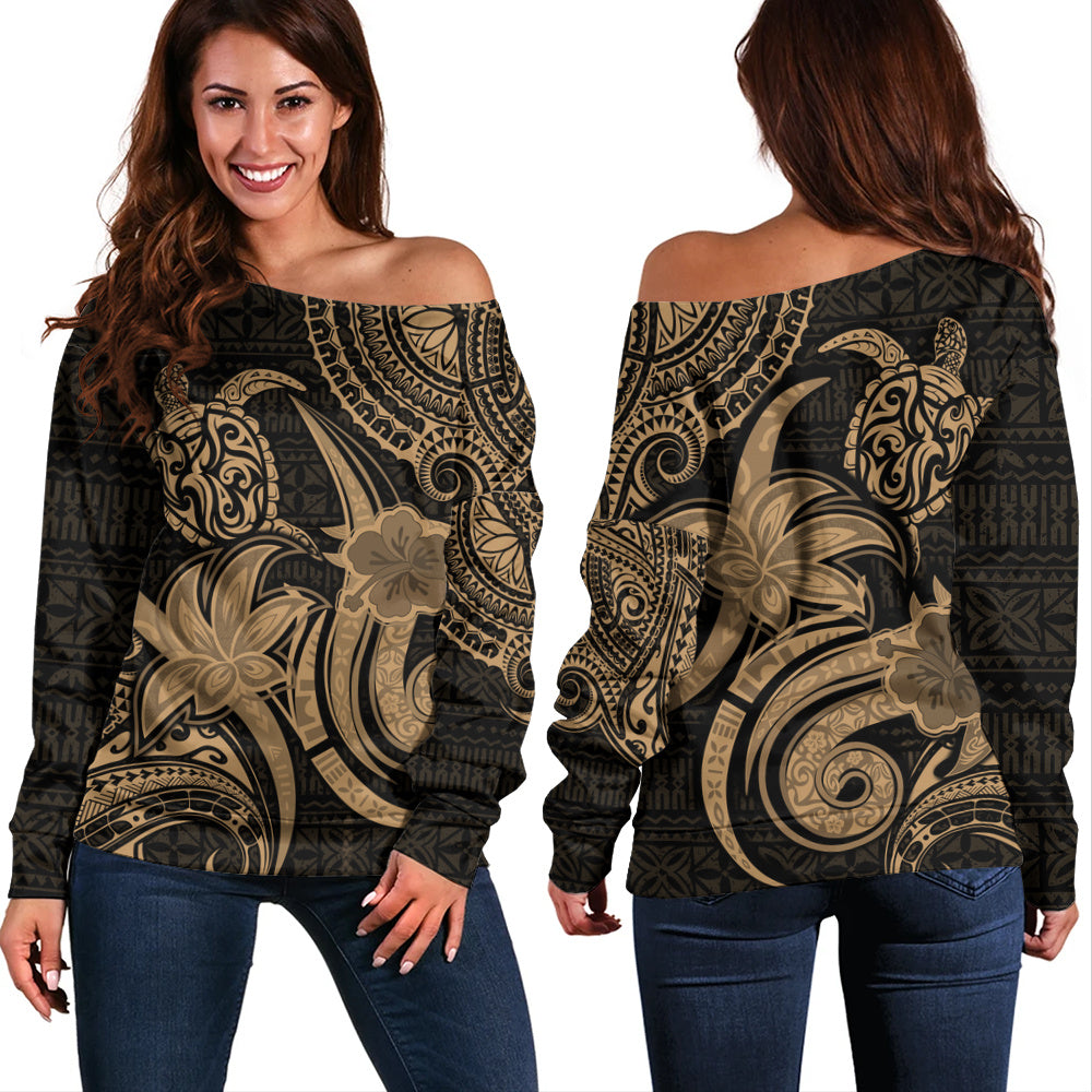 Hawaii Off Shoulder Sweatshirt Honu Turtle Hibiscus Tribal Legacy