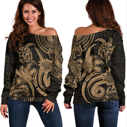 Hawaii Off Shoulder Sweatshirt Honu Turtle Hibiscus Tribal Legacy