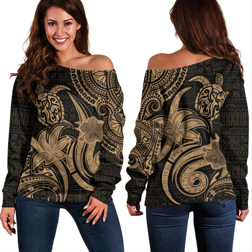 Hawaii Off Shoulder Sweatshirt Honu Turtle Hibiscus Tribal Legacy