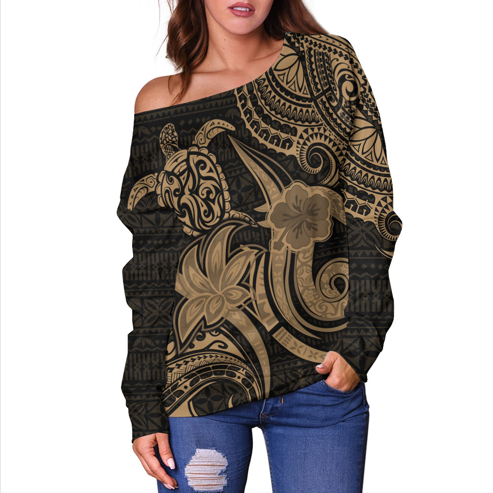 Hawaii Off Shoulder Sweatshirt Honu Turtle Hibiscus Tribal Legacy