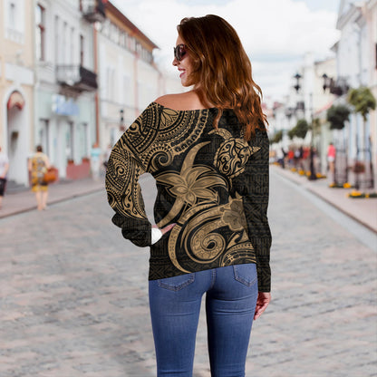 Hawaii Off Shoulder Sweatshirt Honu Turtle Hibiscus Tribal Legacy