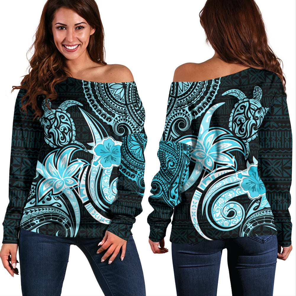 Hawaii Off Shoulder Sweatshirt Honu Turtle Hibiscus Tribal Legacy
