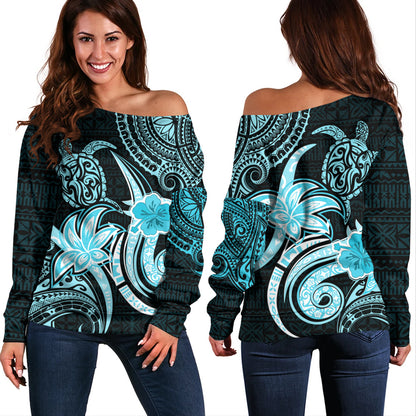 Hawaii Off Shoulder Sweatshirt Honu Turtle Hibiscus Tribal Legacy