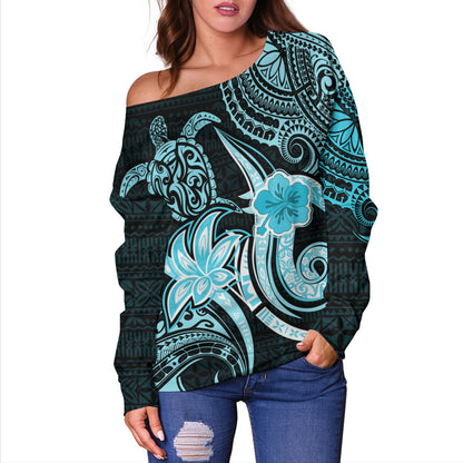 Hawaii Off Shoulder Sweatshirt Honu Turtle Hibiscus Tribal Legacy