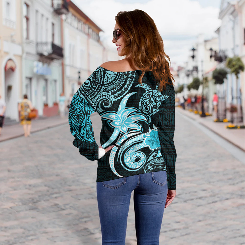 Hawaii Off Shoulder Sweatshirt Honu Turtle Hibiscus Tribal Legacy