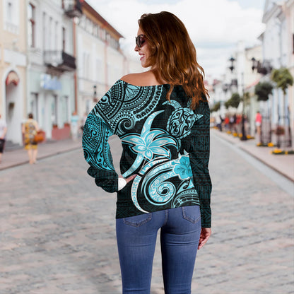 Hawaii Off Shoulder Sweatshirt Honu Turtle Hibiscus Tribal Legacy