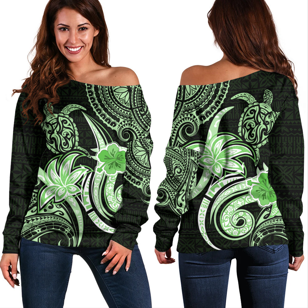 Hawaii Off Shoulder Sweatshirt Honu Turtle Hibiscus Tribal Legacy