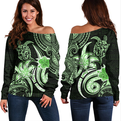 Hawaii Off Shoulder Sweatshirt Honu Turtle Hibiscus Tribal Legacy