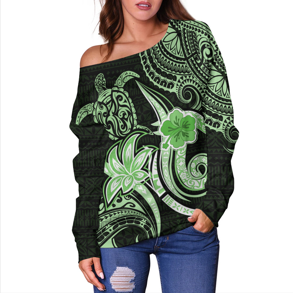 Hawaii Off Shoulder Sweatshirt Honu Turtle Hibiscus Tribal Legacy