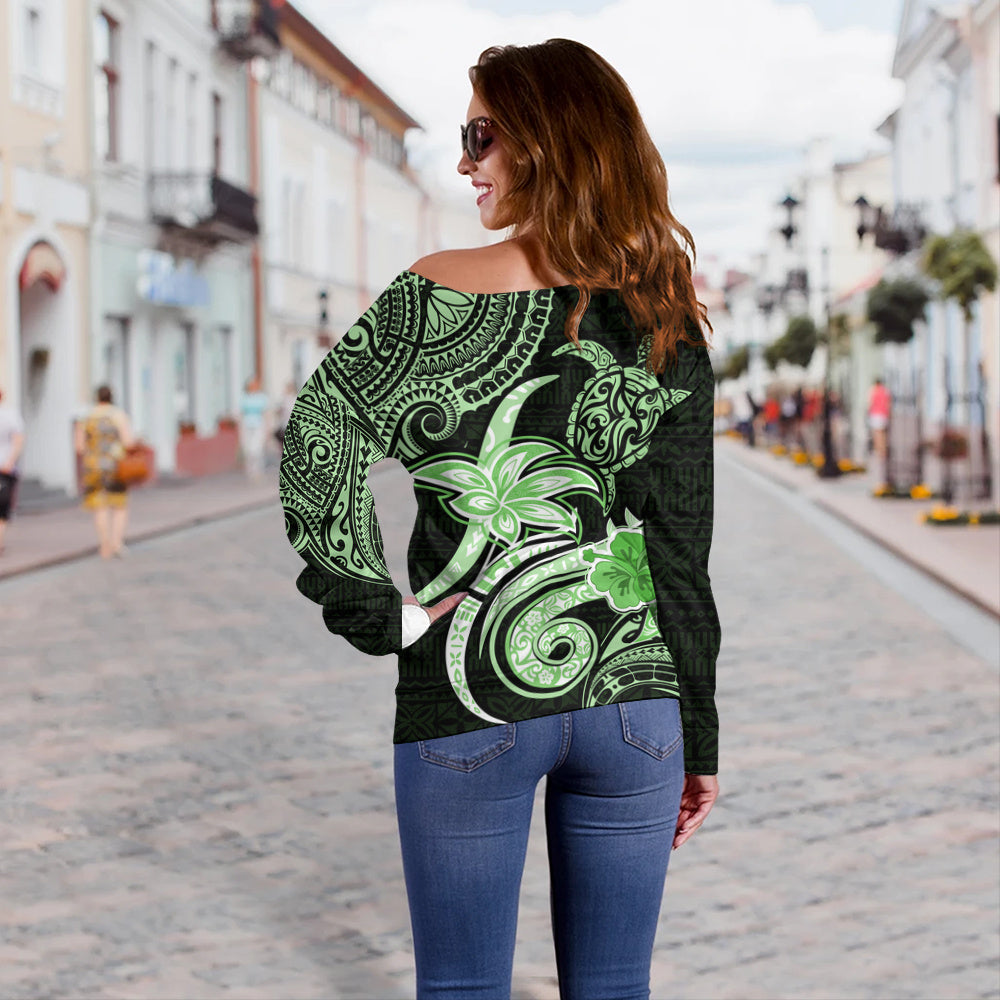 Hawaii Off Shoulder Sweatshirt Honu Turtle Hibiscus Tribal Legacy