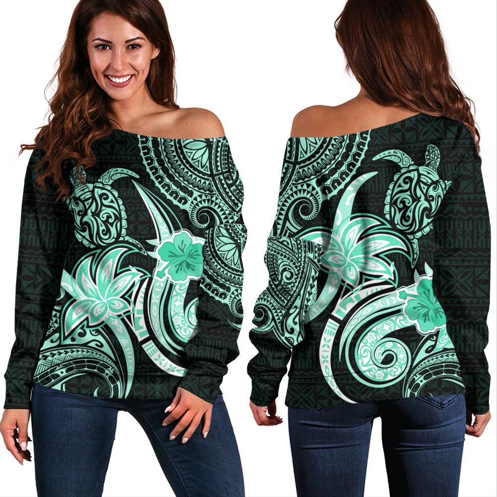 Hawaii Off Shoulder Sweatshirt Honu Turtle Hibiscus Tribal Legacy