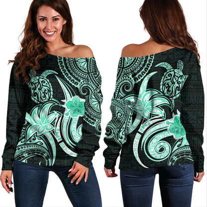 Hawaii Off Shoulder Sweatshirt Honu Turtle Hibiscus Tribal Legacy