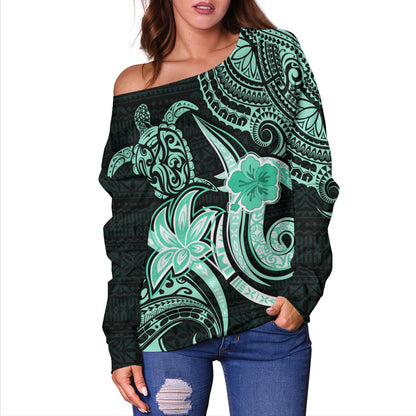 Hawaii Off Shoulder Sweatshirt Honu Turtle Hibiscus Tribal Legacy