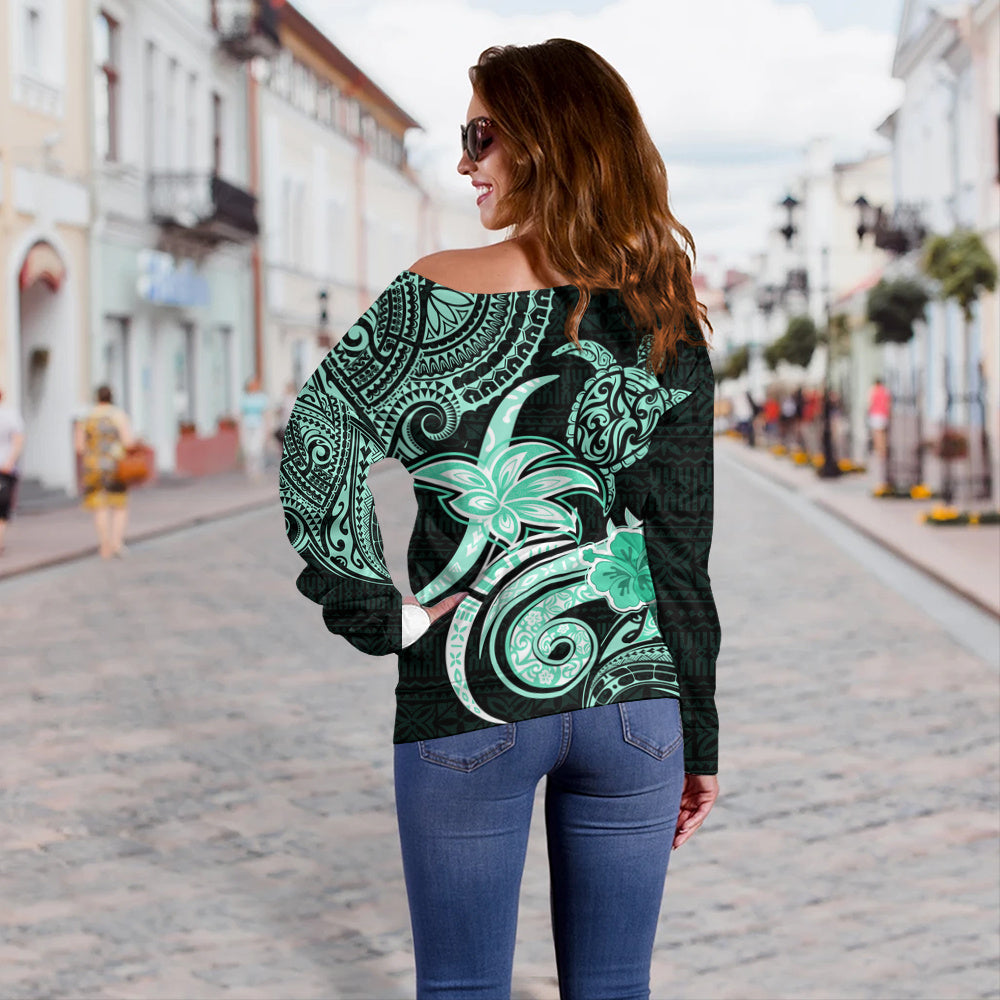 Hawaii Off Shoulder Sweatshirt Honu Turtle Hibiscus Tribal Legacy