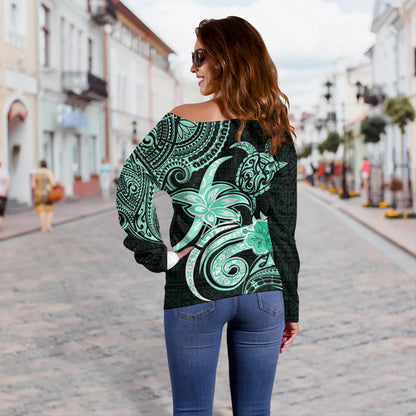 Hawaii Off Shoulder Sweatshirt Honu Turtle Hibiscus Tribal Legacy