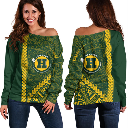 Hana High and Elementary School Off Shoulder Sweatshirt Tribal Polynesian Pride Style