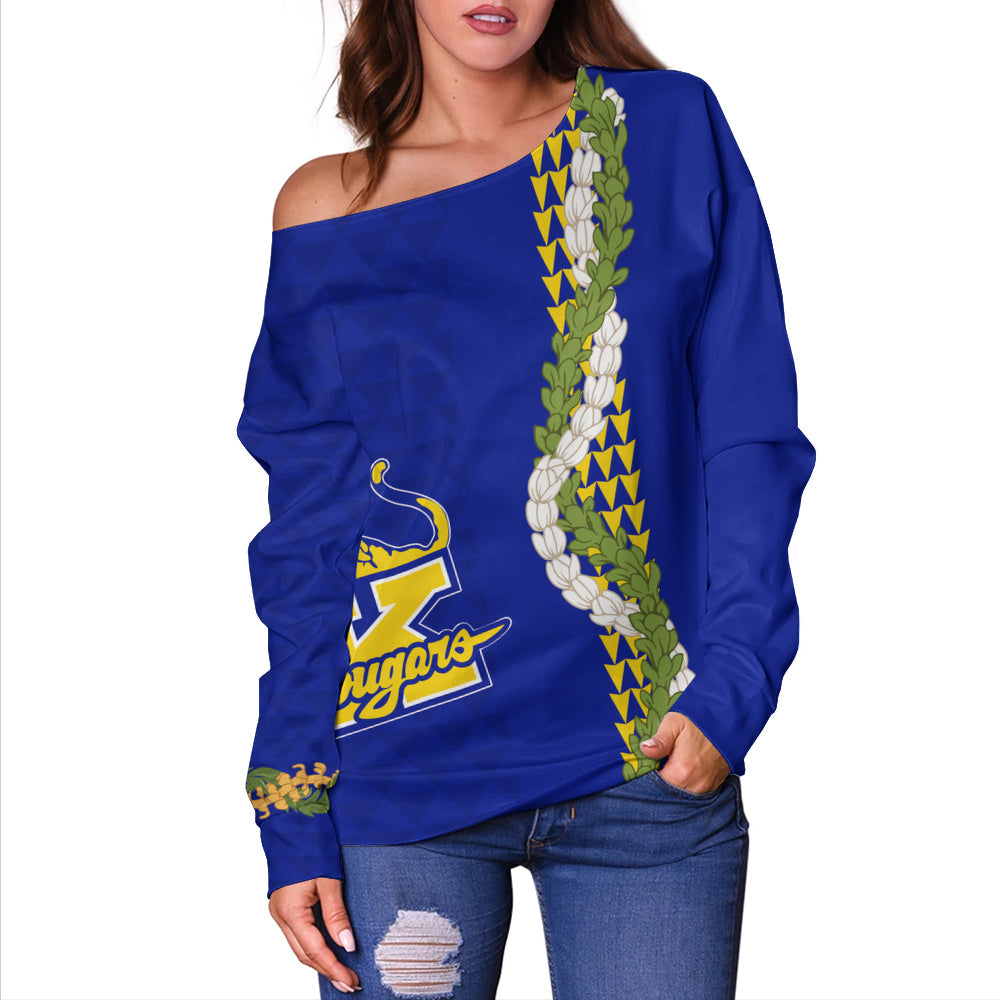 Henry J. Kaiser High School (Hawaii) Off Shoulder Sweatshirt Puakenikeni Maile Flower Lei