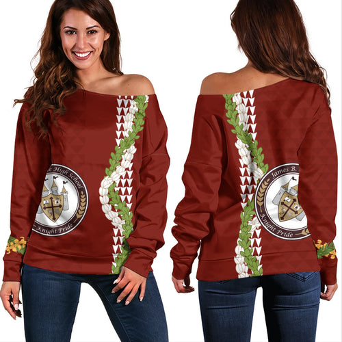 James B. Castle High School Off Shoulder Sweatshirt Puakenikeni Maile Flower Lei