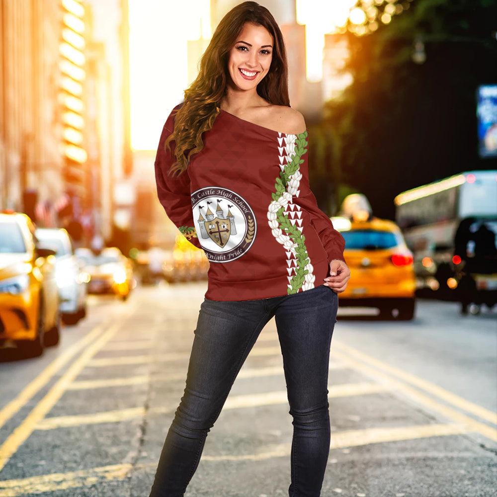 James B. Castle High School Off Shoulder Sweatshirt Puakenikeni Maile Flower Lei
