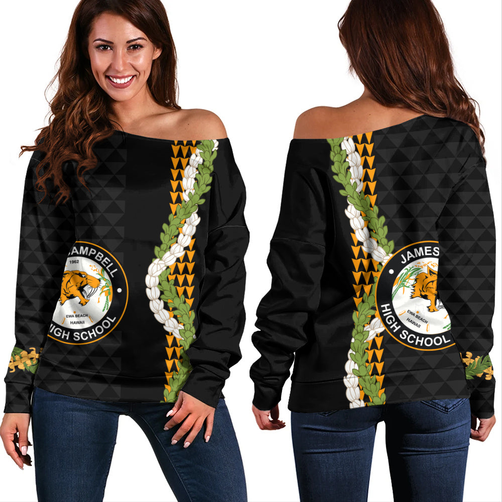 James Campbell High School Off Shoulder Sweatshirt Puakenikeni Maile Flower Lei