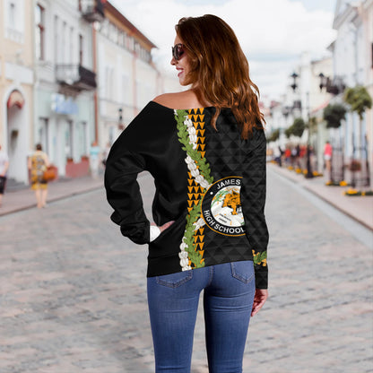 James Campbell High School Off Shoulder Sweatshirt Puakenikeni Maile Flower Lei