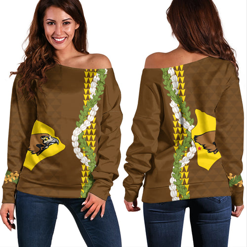 ke kula o ehunuikaimalino Off Shoulder Sweatshirt Puakenikeni Maile Flower Lei