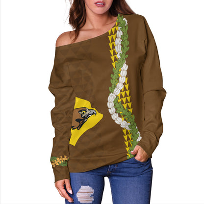 ke kula o ehunuikaimalino Off Shoulder Sweatshirt Puakenikeni Maile Flower Lei