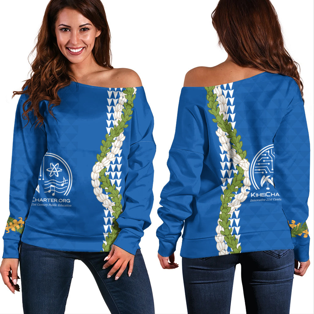 Kihei Charter School Off Shoulder Sweatshirt Puakenikeni Maile Flower Lei