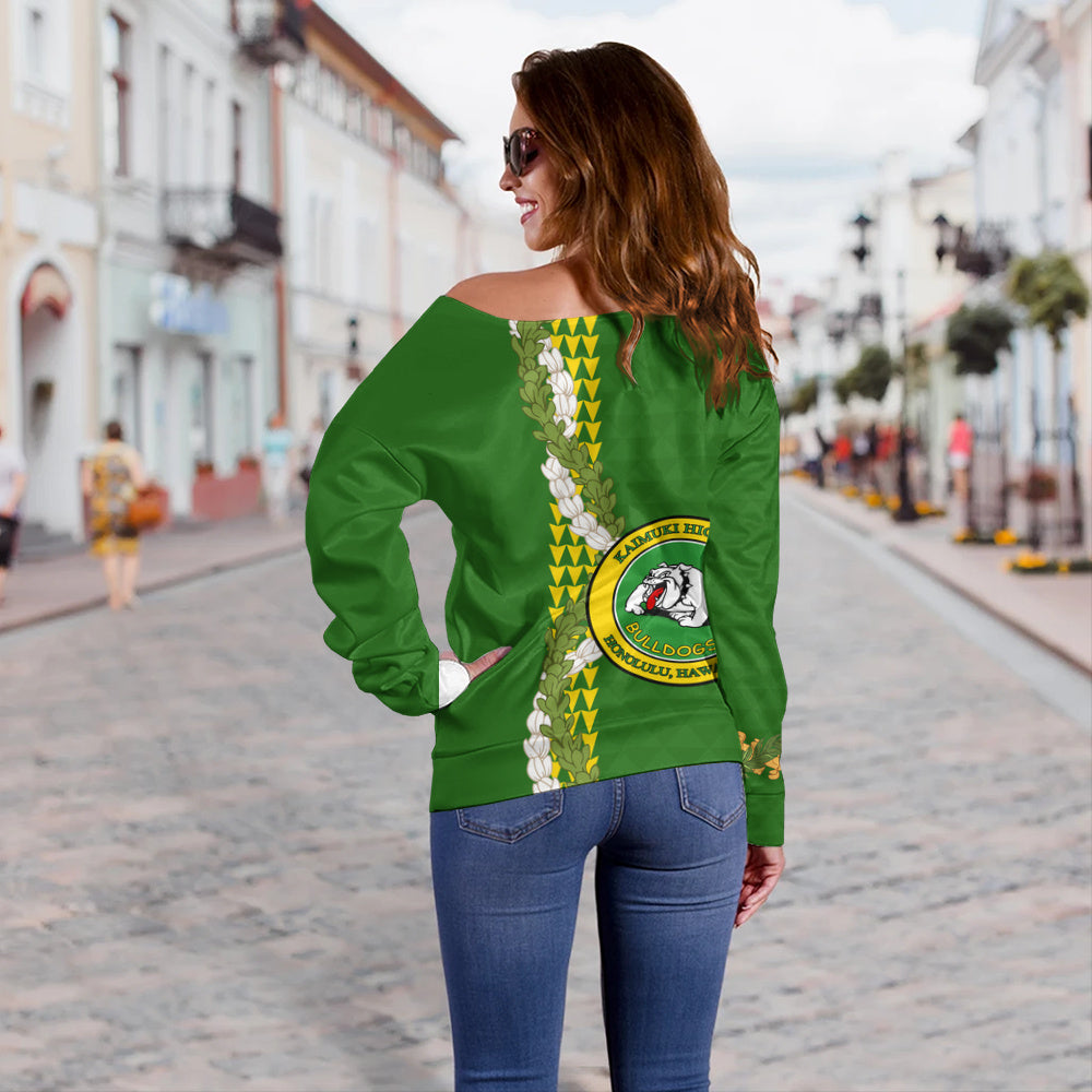 Kaimuki High School Off Shoulder Sweatshirt Puakenikeni Maile Flower Lei