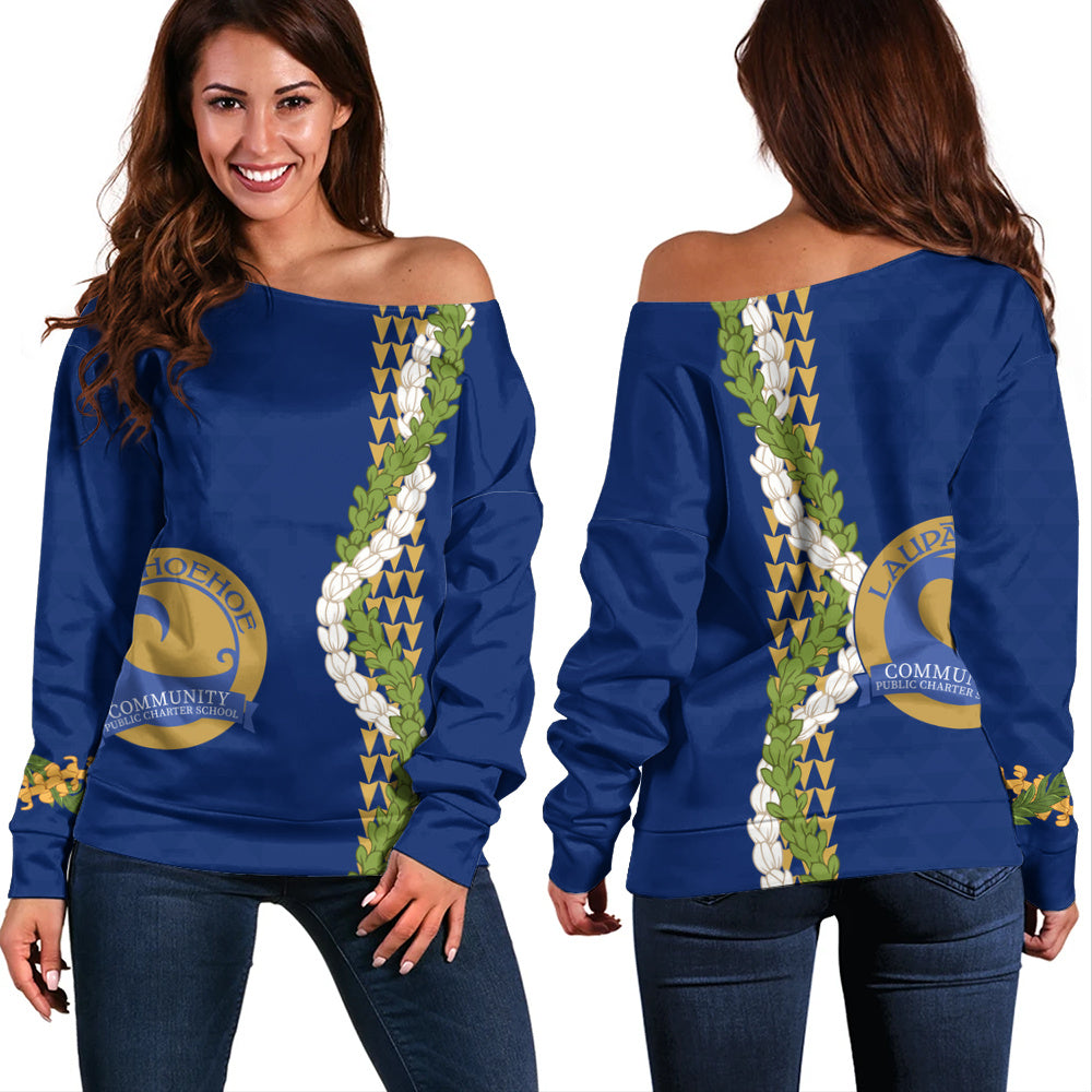 Laupāhoehoe Community Public Charter School Off Shoulder Sweatshirt Puakenikeni Maile Flower Lei