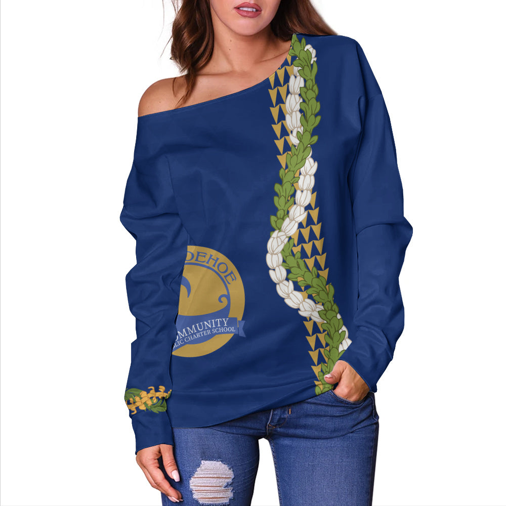 Laupāhoehoe Community Public Charter School Off Shoulder Sweatshirt Puakenikeni Maile Flower Lei
