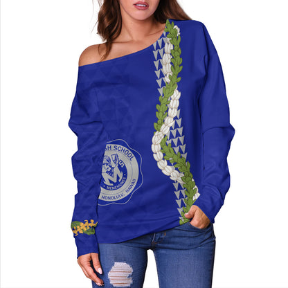 moanalua high school Off Shoulder Sweatshirt Puakenikeni Maile Flower Lei