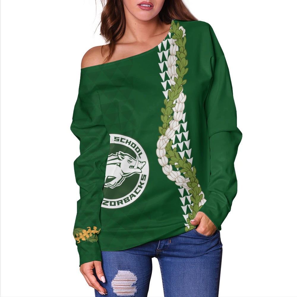 Olomana High & Intermediate School Off Shoulder Sweatshirt Puakenikeni Maile Flower Lei