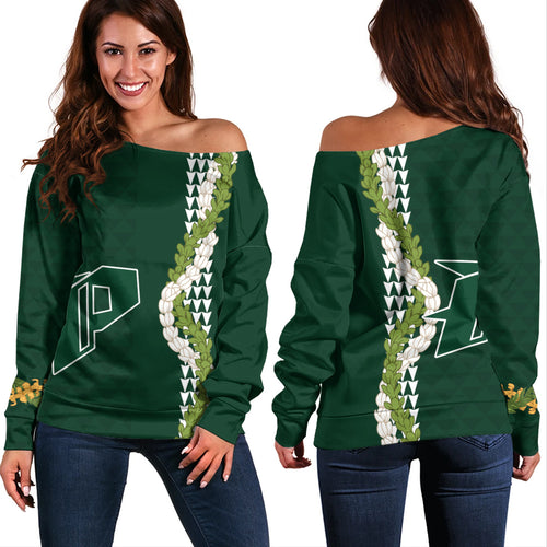 Pahoa High and Intermediate School Off Shoulder Sweatshirt Puakenikeni Maile Flower Lei
