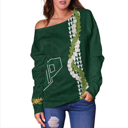 Pahoa High and Intermediate School Off Shoulder Sweatshirt Puakenikeni Maile Flower Lei
