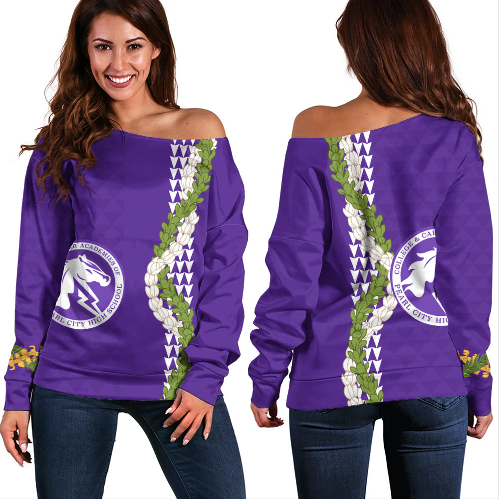 Pearl City High School (Hawaii) Off Shoulder Sweatshirt Puakenikeni Maile Flower Lei