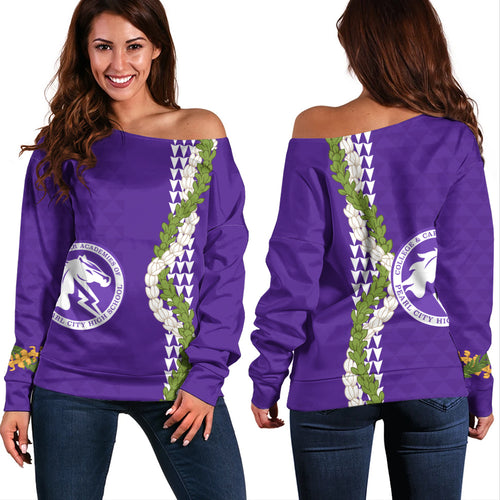Pearl City High School (Hawaii) Off Shoulder Sweatshirt Puakenikeni Maile Flower Lei