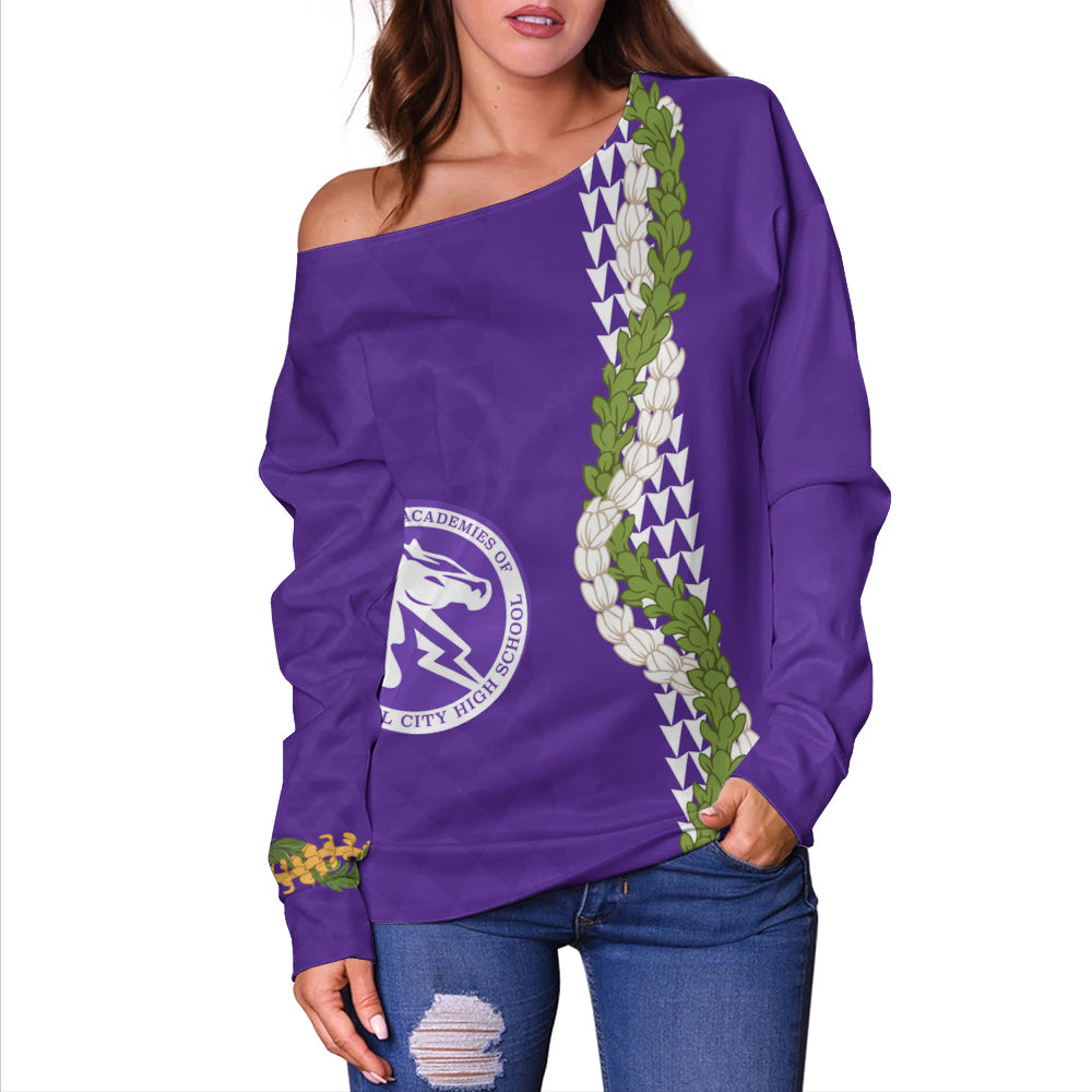 Pearl City High School (Hawaii) Off Shoulder Sweatshirt Puakenikeni Maile Flower Lei