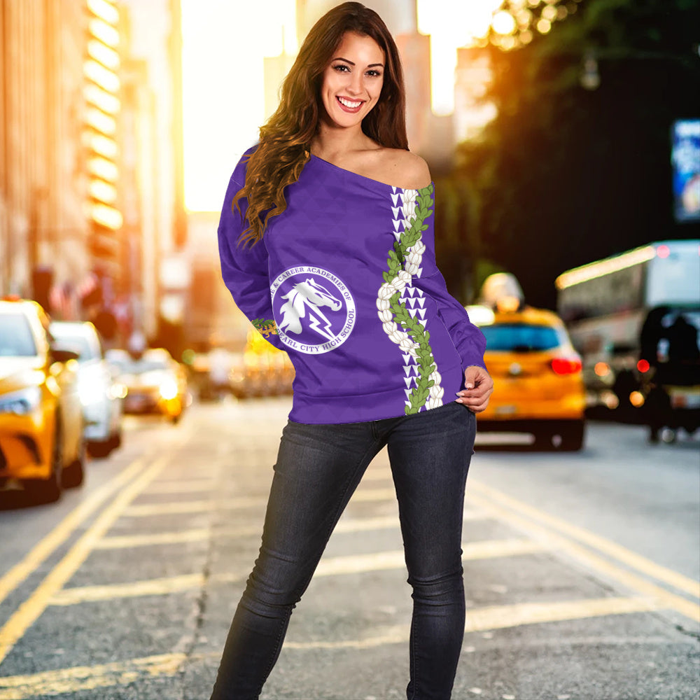 Pearl City High School (Hawaii) Off Shoulder Sweatshirt Puakenikeni Maile Flower Lei