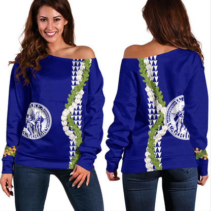 Waiakea High School Off Shoulder Sweatshirt Puakenikeni Maile Flower Lei