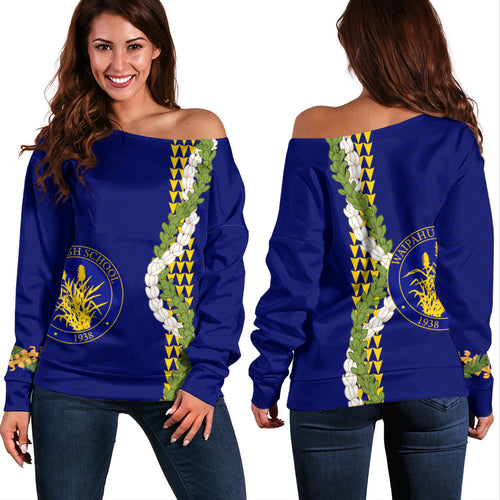 Waipahu High School Off Shoulder Sweatshirt Puakenikeni Maile Flower Lei