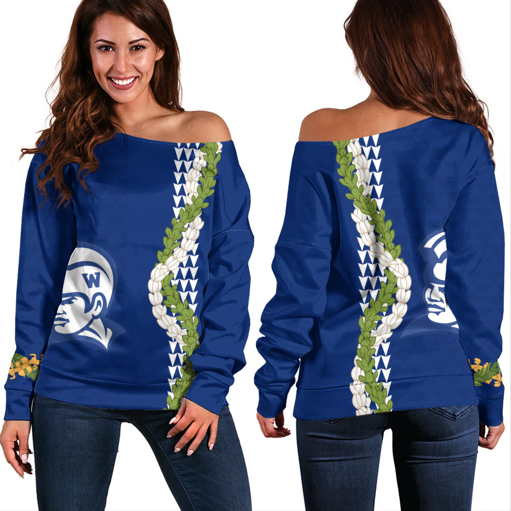 Waimea High School Off Shoulder Sweatshirt Puakenikeni Maile Flower Lei