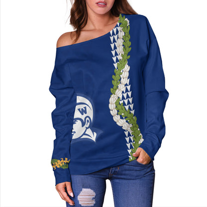 Waimea High School Off Shoulder Sweatshirt Puakenikeni Maile Flower Lei
