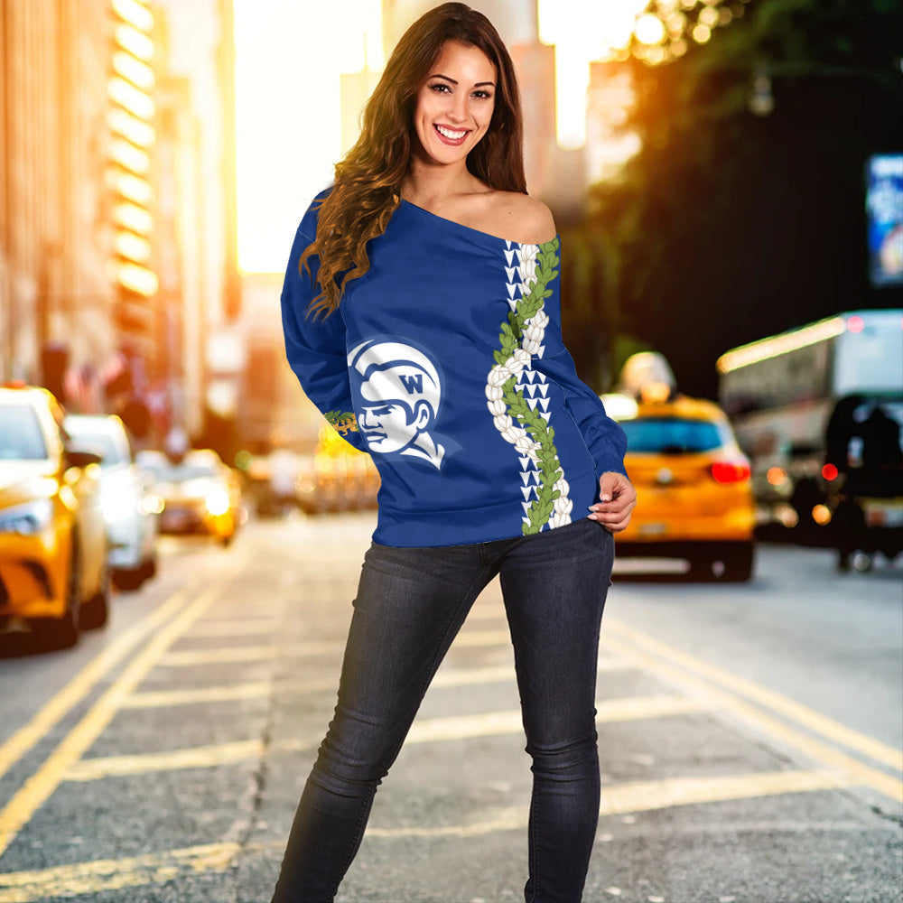 Waimea High School Off Shoulder Sweatshirt Puakenikeni Maile Flower Lei