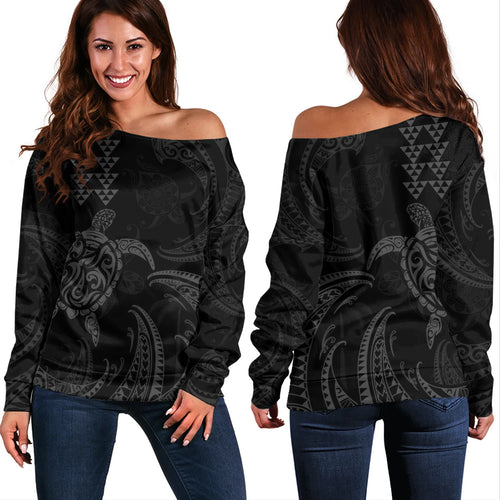 Hawaii Off Shoulder Sweatshirt Polynesian Turtle Tribal Ocean Spirit